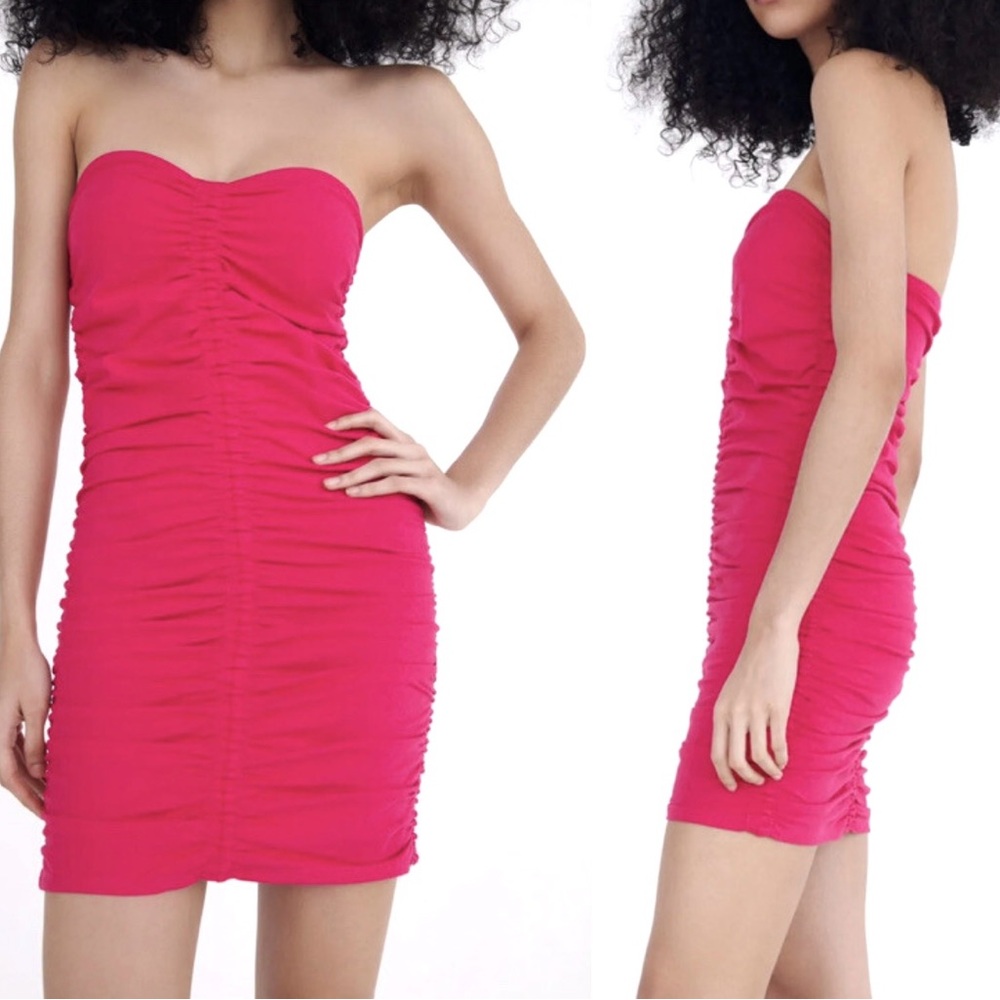 NEW ZARA Size XL Ruched Corset Dress Mini Strapless Hot Pink Sweetheart Neckline
